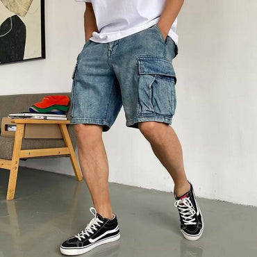 Casual Pu Shuai High-end Big Workwear With Pocket Denim Shorts Men