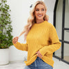 Women wearing a stylish yellow pullover sweater featuring a cable-knot pattern, perfect for casual fall and winter outfits.