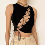 Chest cutout strap sexy vest in black, sleeveless design, featuring unique lace-up detailing, perfect for stylish outfits.