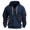 Navy blue hooded sweatshirt with orange zipper accents and pockets, stylish pullover for men and women.