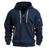 Navy blue hooded sweatshirt with orange zipper accents and pockets, stylish pullover for men and women.