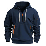 Navy blue hooded sweatshirt with orange zipper accents and pockets, stylish pullover for men and women.