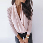 Stylish deep V-neck shirt in light pink with hedging sleeves and a pullover design, perfect for casual wear.