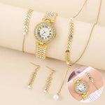 Luxury golden women's watch with rhinestones, paired with elegant bracelets and earrings, perfect for stylish fashion.