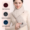 Woman demonstrating electric heating scarf with temperature settings for customizable warmth.