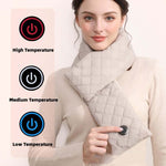 Woman demonstrating electric heating scarf with temperature settings for customizable warmth.