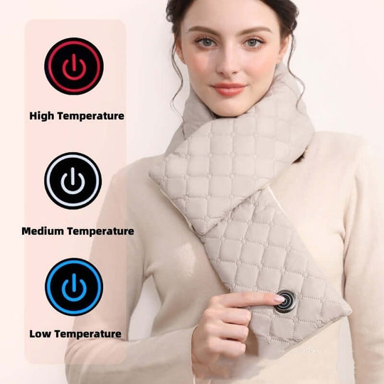 Woman demonstrating electric heating scarf with temperature settings for customizable warmth.