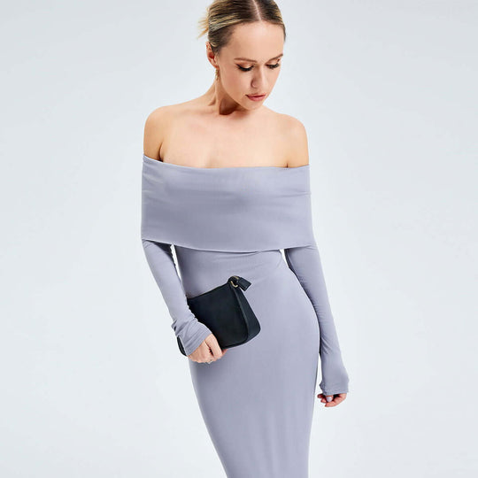 Elegant Off-Shoulder Long-Sleeved Dress | High-Status Floor-Length Social Maxi