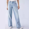 Light blue embroidered side frayed butterfly jeans, straight-leg, street fashion for trendy hot girls.