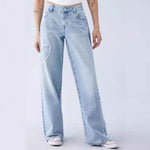 Light blue embroidered side frayed butterfly jeans, straight-leg, street fashion for trendy hot girls.