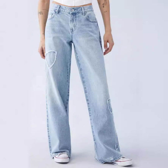 Light blue embroidered side frayed butterfly jeans, straight-leg, street fashion for trendy hot girls.