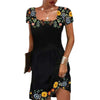 Floral Fluted-Collar A-Line Midi Dress in black with colorful floral print and short sleeves, perfect for versatile styling.