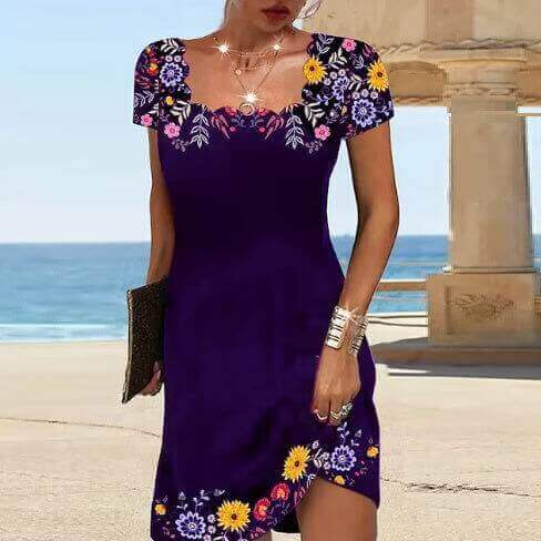 Fluted Collar Printed Short-Sleeve Dress | European & American High-Volume Midi