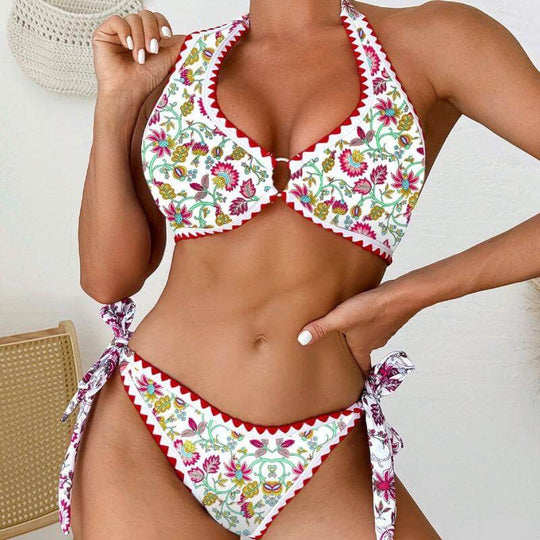 European American floral split swimsuit for women, featuring vibrant flowers and a sexy design, perfect for swimming.