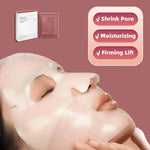 Collagen face mask applied on a woman's face, highlighting shrink pore, moisturizing, and firming benefits.