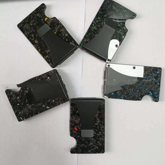 Collection of factory supply carbon fiber wallets in various colors, featuring a forged pattern and RFID card holder design.