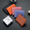 Fashion casual short wallet collection in brown, black, orange, pink, and purple on a black background.