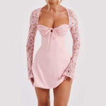 Pink lace long sleeve corset dress, elegant Y2K style with a backless design, perfect for stylish occasions.