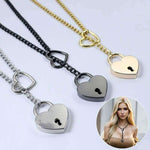 Three heart-shaped lock necklaces in silver, black, and gold with an adjustable chain for a stylish look.