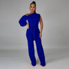 Fashion jumpsuit in solid blue with a single shoulder top and wide leg pants, featuring long sleeves.