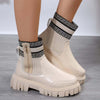 Fashion mid-tube boots with zipper design, thick sole, and elastic knitted patchwork in beige.