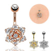 Fashion Personality Rose Zircon Navel Ring in stainless steel, gold, and rose gold, featuring a flower design with sparkling gemstones.