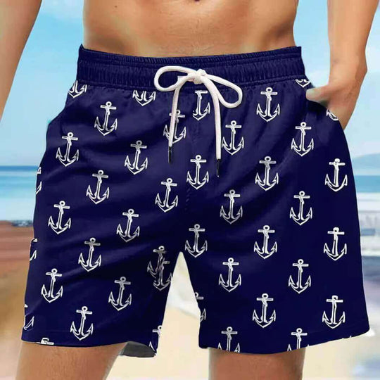 Men's navy shorts with white anchor print, perfect for summer fashion and casual beachwear.