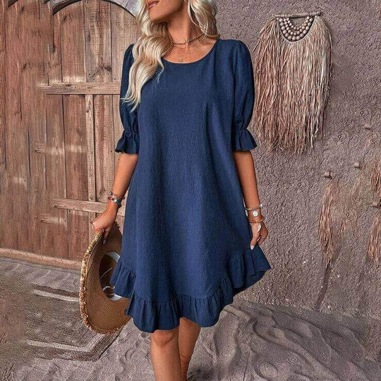 Ruffle Short-Sleeve Straight Dress | High-Ventilation Solid Round-Neck Mini