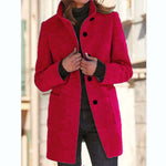 Fashion stand collar woolen coat in pink with pockets, perfect for casual fall and winter wear for women.