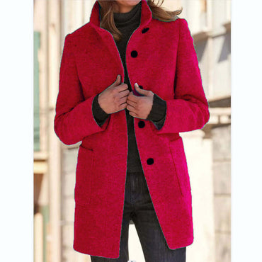 Stand-Collar Woolen Trench Coat | Button-Front Mid-Length Pocket Coat