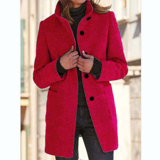 Stylish pink stand collar woolen coat with pockets, perfect for casual fall and winter wear.