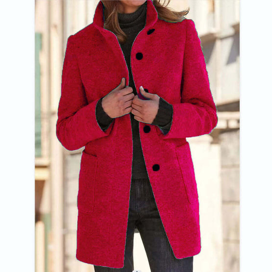 Stand-Collar Woolen Trench Coat | Button-Front Mid-Length Pocket Coat