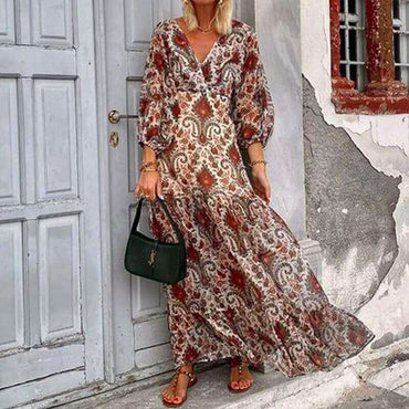 V-Neck Bohemian Printed Long Dress | High-Saturation Temperament Maxi Dress