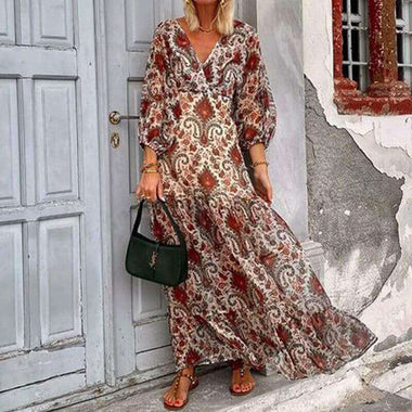 V-Neck Bohemian Printed Long Dress | High-Saturation Temperament Maxi Dress