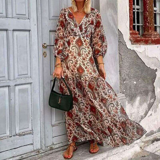 V-Neck Bohemian Printed Long Dress | High-Saturation Temperament Maxi Dress