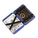 Flip Magic Wallet in blue with money and cards secured, featuring a modern design and practical cross pattern.