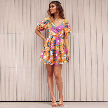 V-Neck Lantern-Sleeve Floral Dress | Y2K High-Saturation Vacation Mini