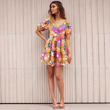 V-Neck Lantern-Sleeve Floral Dress | Y2K High-Saturation Vacation Mini
