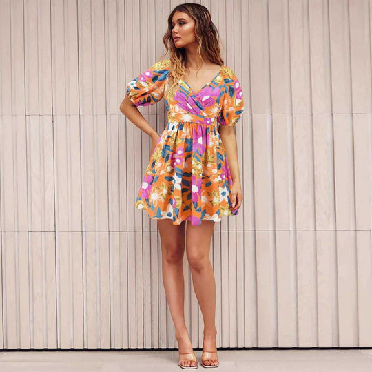 V-Neck Lantern-Sleeve Floral Dress | Y2K High-Saturation Vacation Mini