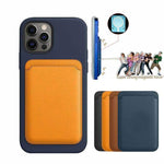 MagSafe magnetic luxury leather card holder wallet case attached to a phone, showcasing strong magnetic hold and color options.
