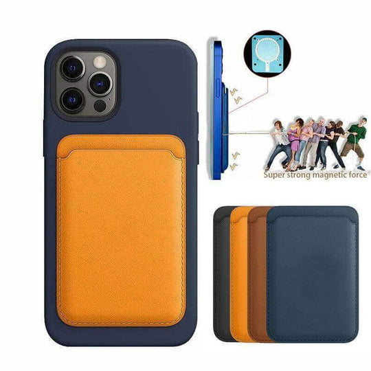 MagSafe magnetic luxury leather card holder wallet case attached to a phone, showcasing strong magnetic hold and color options.