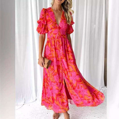 V-Neck Short-Sleeve Chiffon Midi Dress | Structured Mid-Length High-Drape Dress