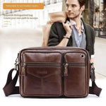 Genuine leather men's shoulder messenger bag with multiple pockets, perfect for leisure travel and daily use.