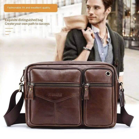 Genuine leather men's shoulder messenger bag with multiple pockets, perfect for leisure travel and daily use.