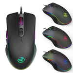 Glowing gaming wired mouse featuring ergonomic design and adjustable DPI, displayed from multiple angles.