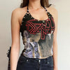 Gothic print studded halter top for women in black with slim fit and U neck design.