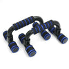 I-shaped push-up stand with blue grip, designed for fitness training and comfortable chest workouts.