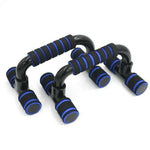 I-shaped push-up stand with blue grip, designed for fitness training and comfortable chest workouts.