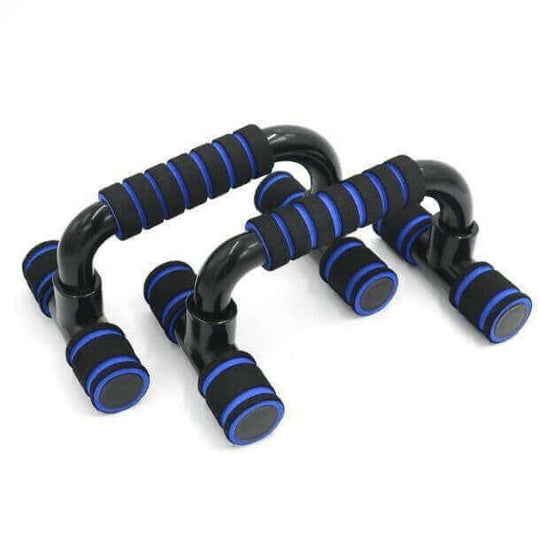 I-shaped push-up stand with blue grip, designed for fitness training and comfortable chest workouts.