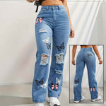 High waisted straight leg jeans for women with butterfly print, ripped details, distressed denim, stylish summer pants.